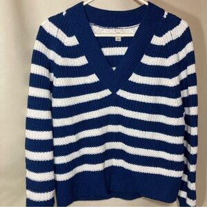 Navy and White V-Neck Striped Knit Sweater Sz S